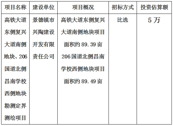 景德鎮(zhèn)市高鐵大道東側復興大道南側地塊、206國道北側昌南學校西側地塊勘測定界測繪項目計劃公告