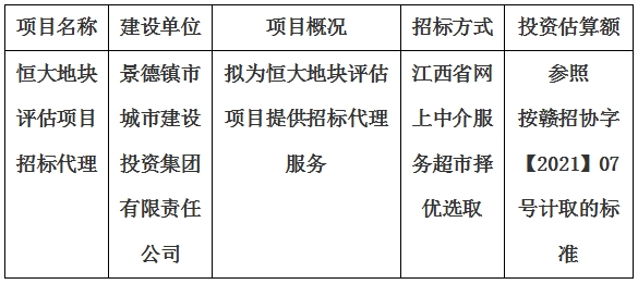 恒大地塊評估項目招標代理計劃公告