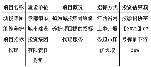 城投集團維修養(yǎng)護(hù)項目招標(biāo)代理計劃公告