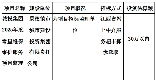 城投集團(tuán)2025年度零星維保維護(hù)服務(wù)項(xiàng)目監(jiān)理計(jì)劃公告