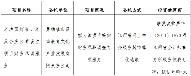 名坊園燈塔計劃及合資公司設(shè)立項目財務(wù)盡調(diào)服務(wù)計劃公告