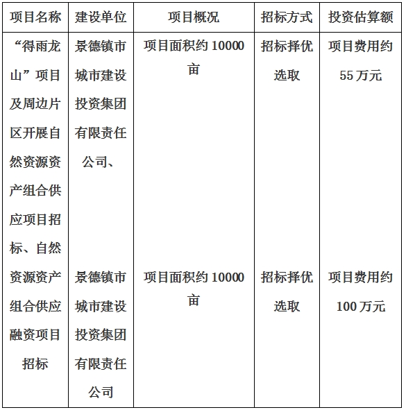 景德鎮(zhèn)市“得雨龍山”項(xiàng)目及周邊片區(qū)開展自然資源資產(chǎn)組合供應(yīng)項(xiàng)目、自然資源資產(chǎn)組合供應(yīng)融資項(xiàng)目招標(biāo)計(jì)劃公告