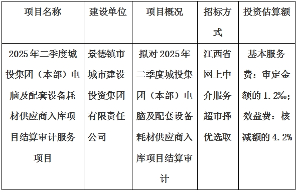 2025年二季度城投集團（本部）電腦及配套設(shè)備耗材供應商入庫項目結(jié)算審計服務(wù)項目計劃公告